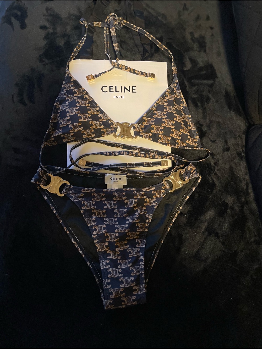 Celine black and brown Gold Logo Bikini Set with Signature Hardware